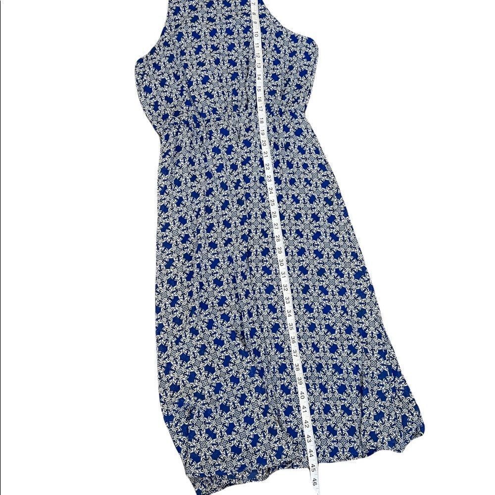 Blue Patterned Crochet Back Gathered Waist Long Dress M - Picture 5 of 11